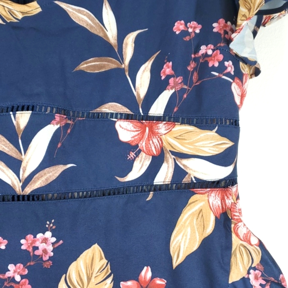 JJs House Navy Floral Midi Dress 12 NWT Ruffle Wrap Tropical Wedding Guest - Picture 3 of 12